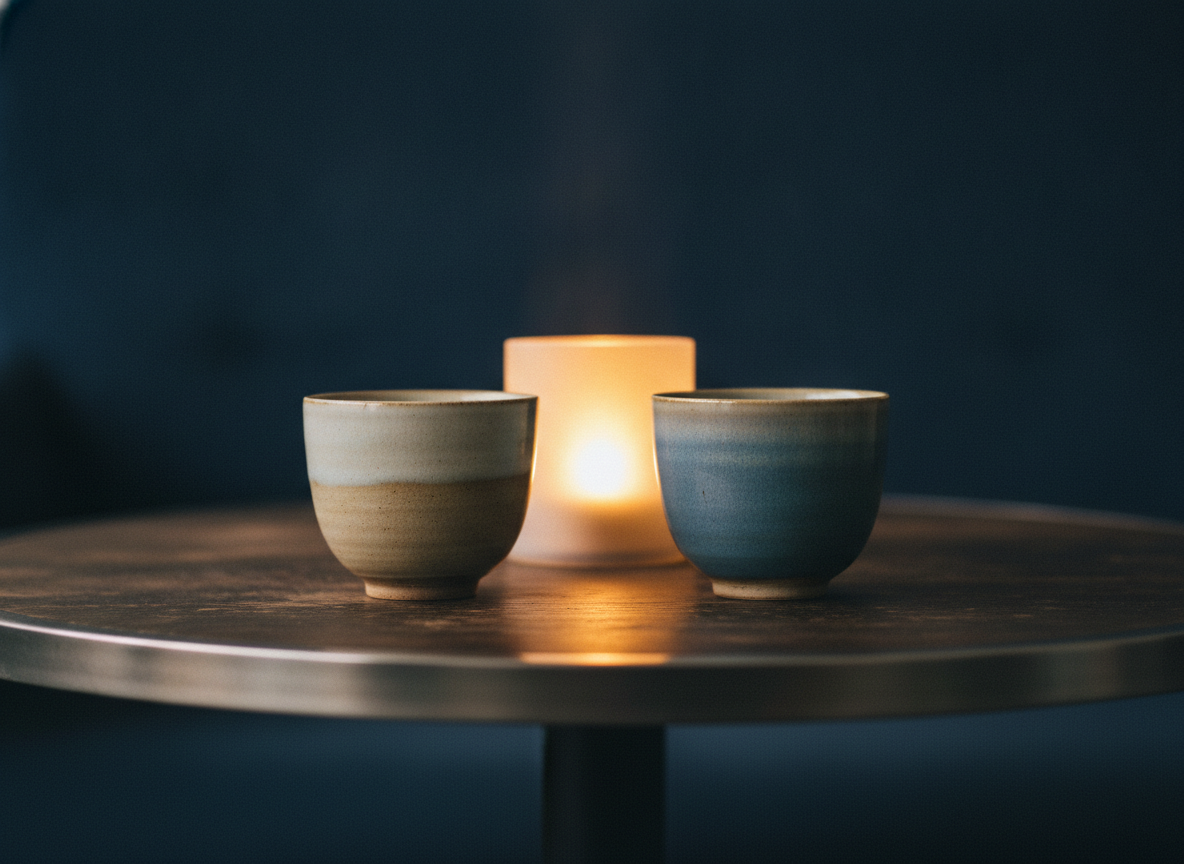 Hai tách trà đặt cạnh nhau dưới ánh sáng ấm, ẩn dụ cho đối thoại cởi mở về tiền bạc trong gia đình